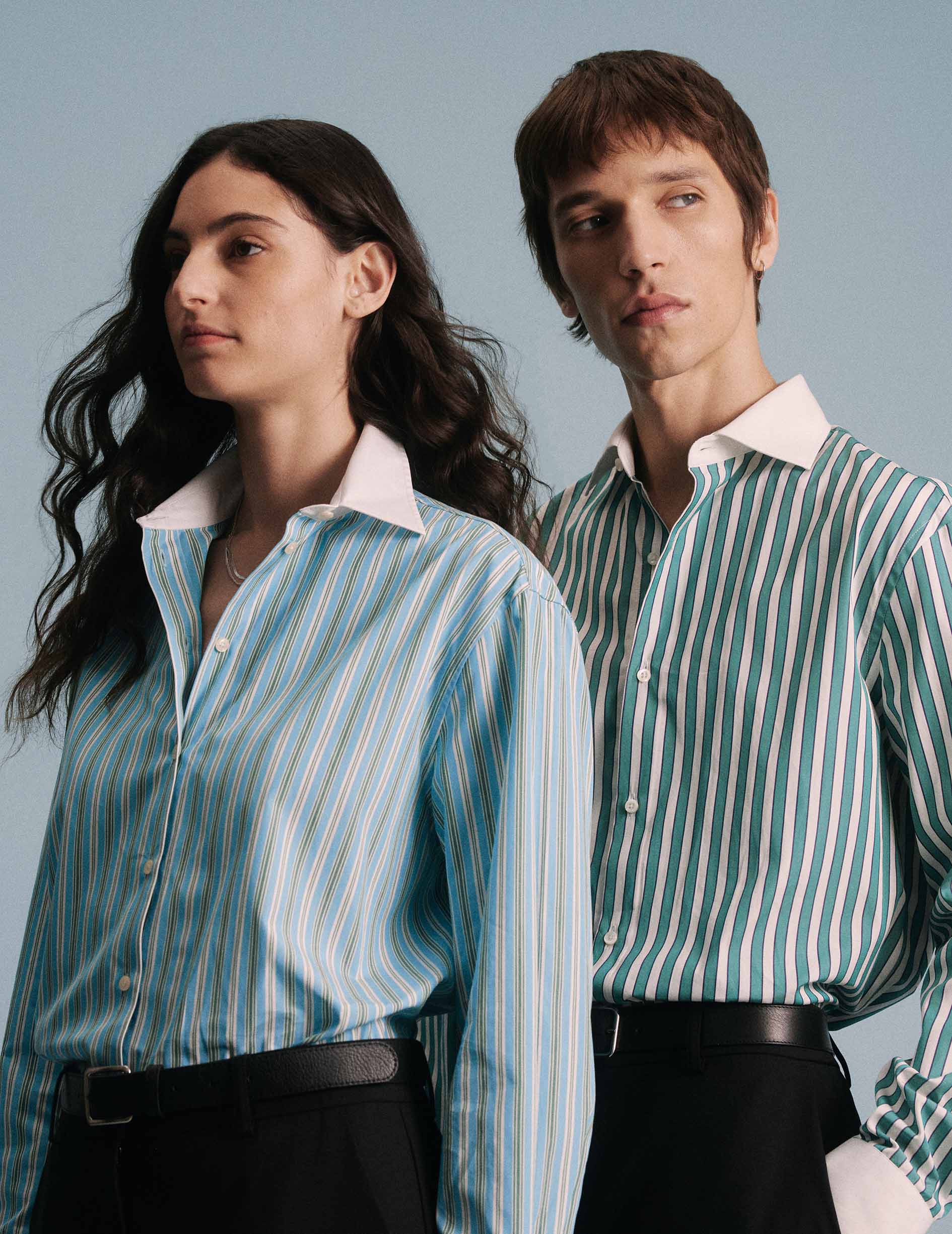 Green striped semi-fitted shirt - Poplin - Italian Collar