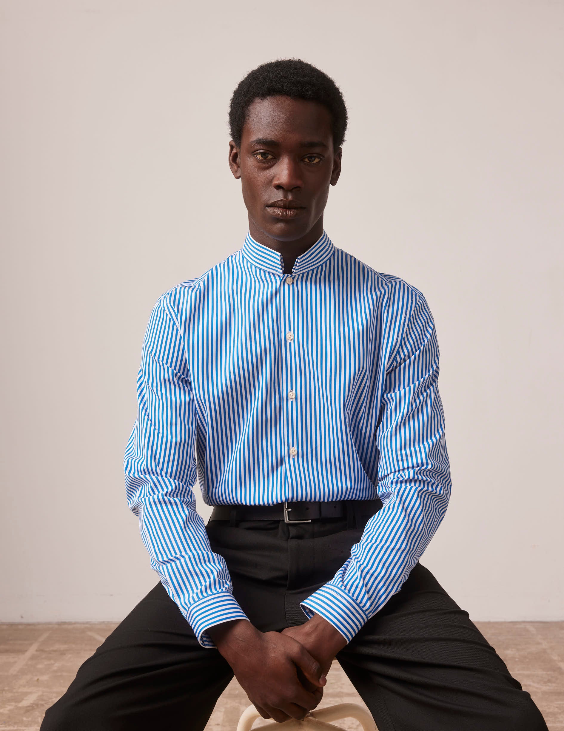 Blue striped semi-fitted shirt - Poplin - Inverted Collar