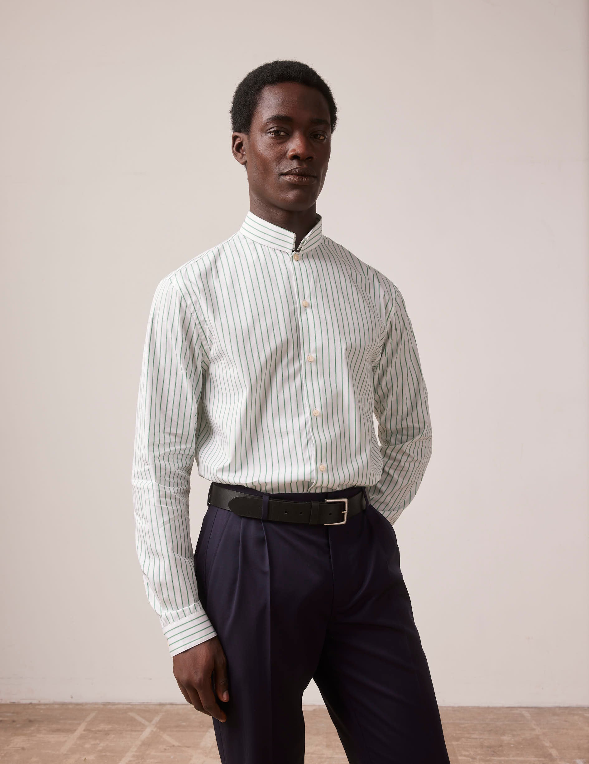 Green striped semi-fitted shirt - Poplin - Reverse Collar