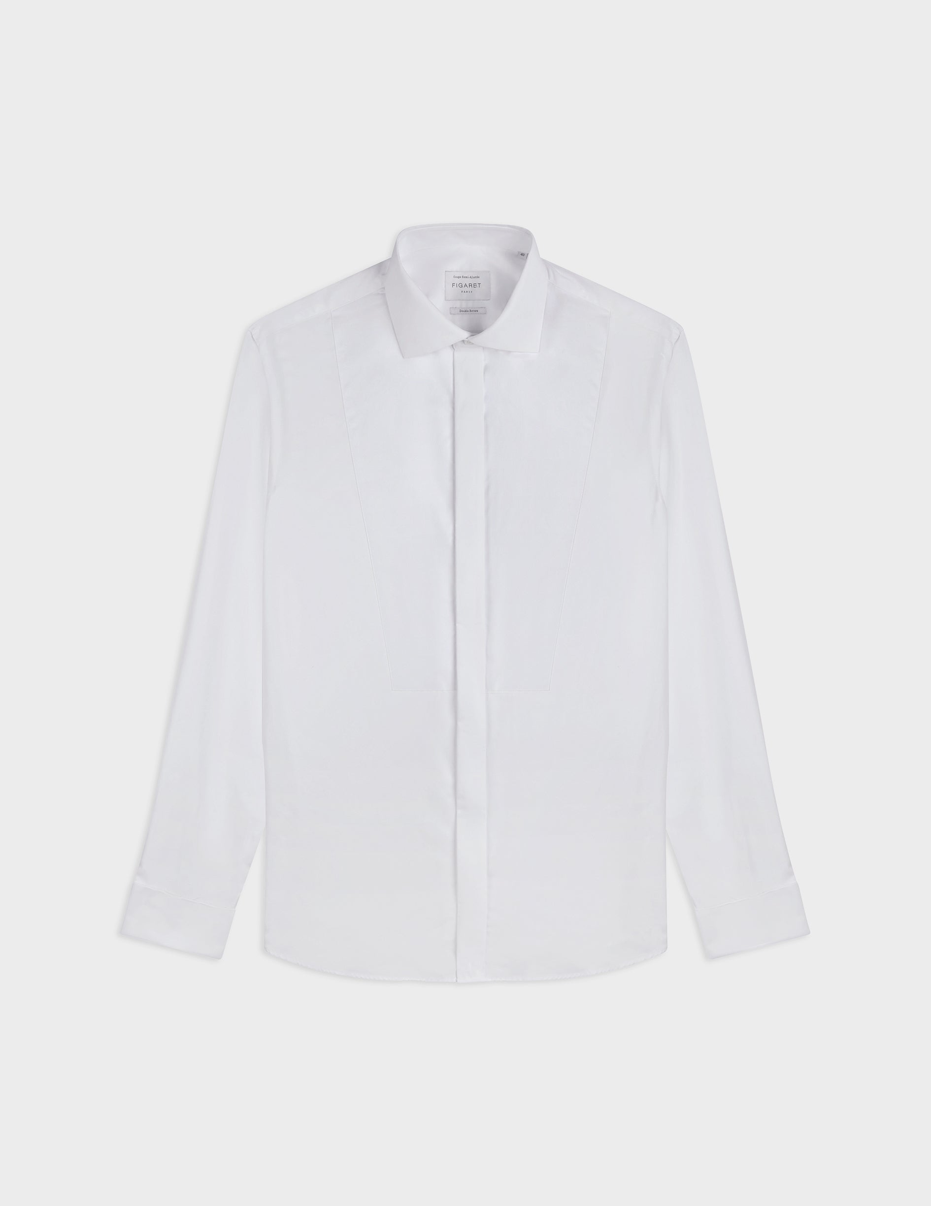 White semi-fitted shirt with bib and hidden button placket - Popeline - Italien Collar - Mousquetaires Cuffs