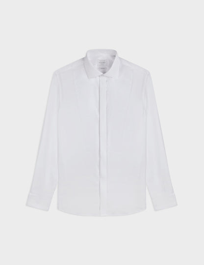 White semi-fitted shirt with bib and hidden button placket