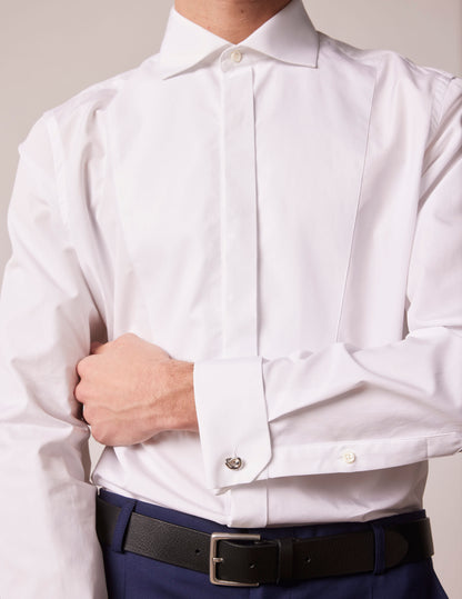 White semi-fitted shirt with bib and hidden button placket