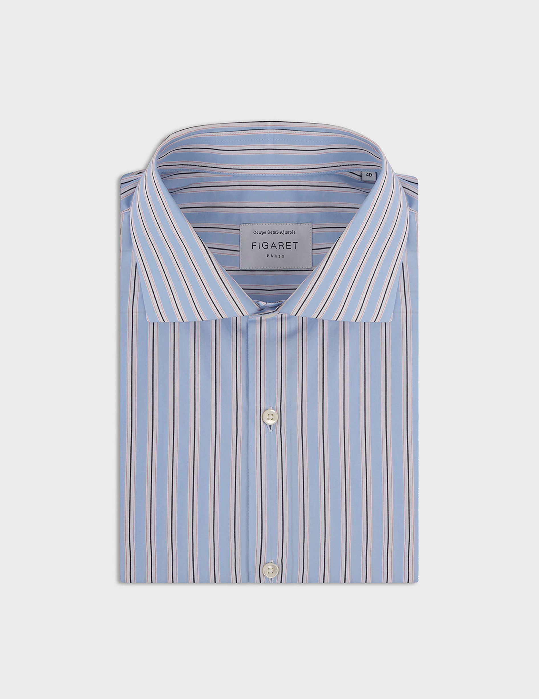 Blue striped semi-fitted shirt - Popeline - Italien Collar