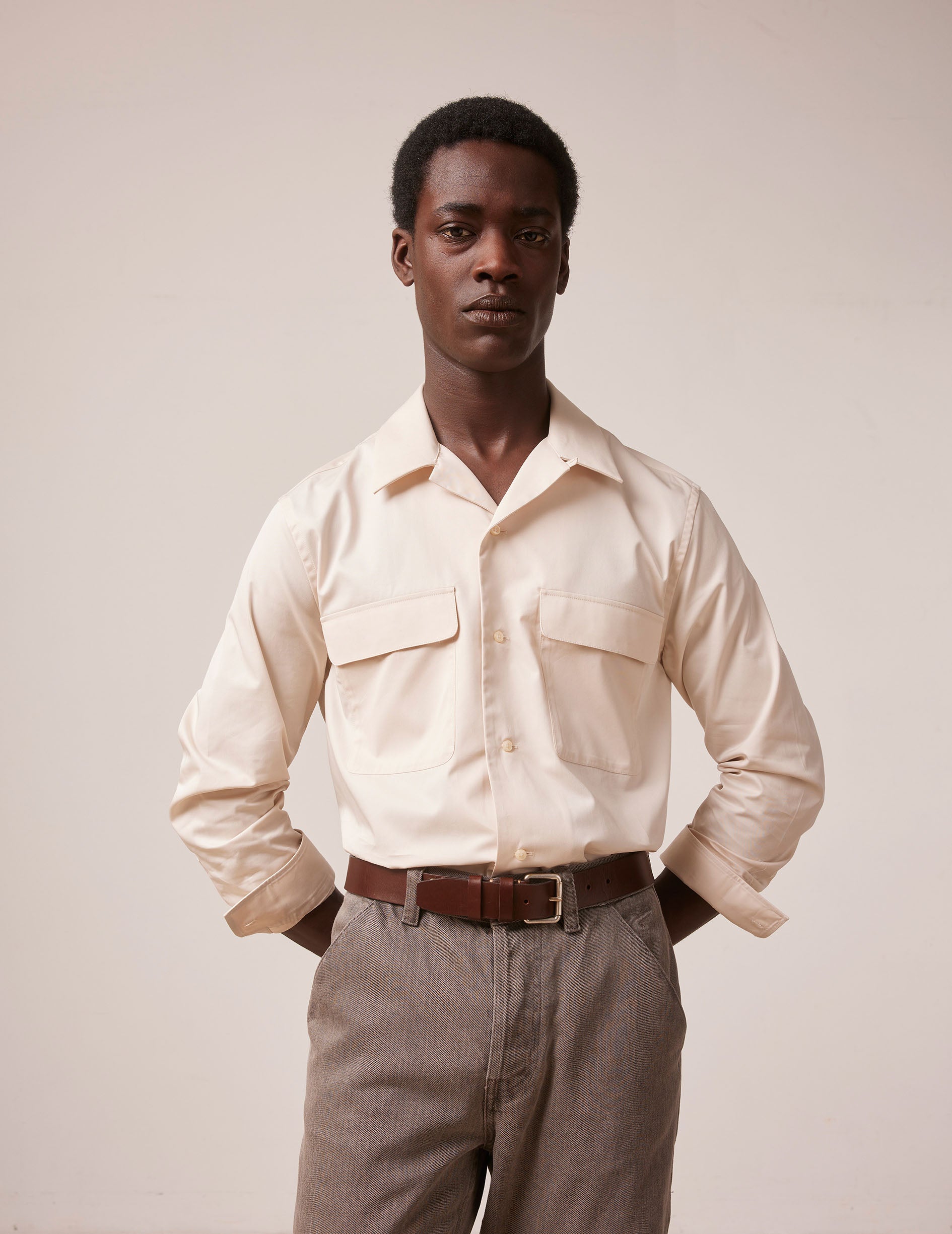 Ecru Ivano shirt - Twill - Cuban with bridle Collar