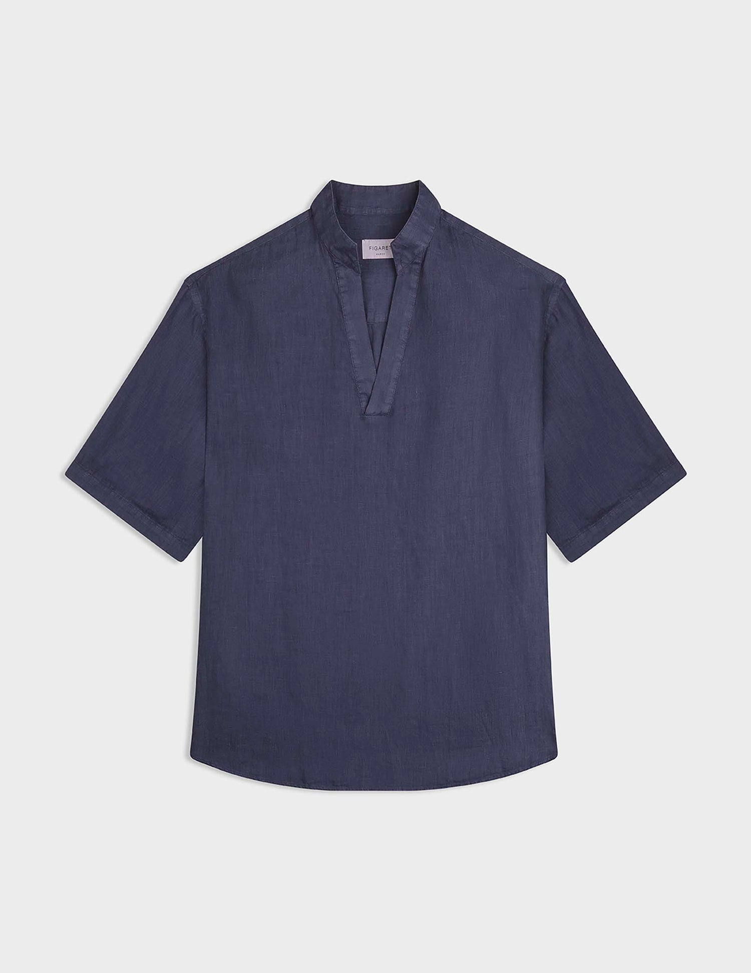 Short sleeve blue linen Léon popover shirt
 - Linen - Tunisian Collar#4