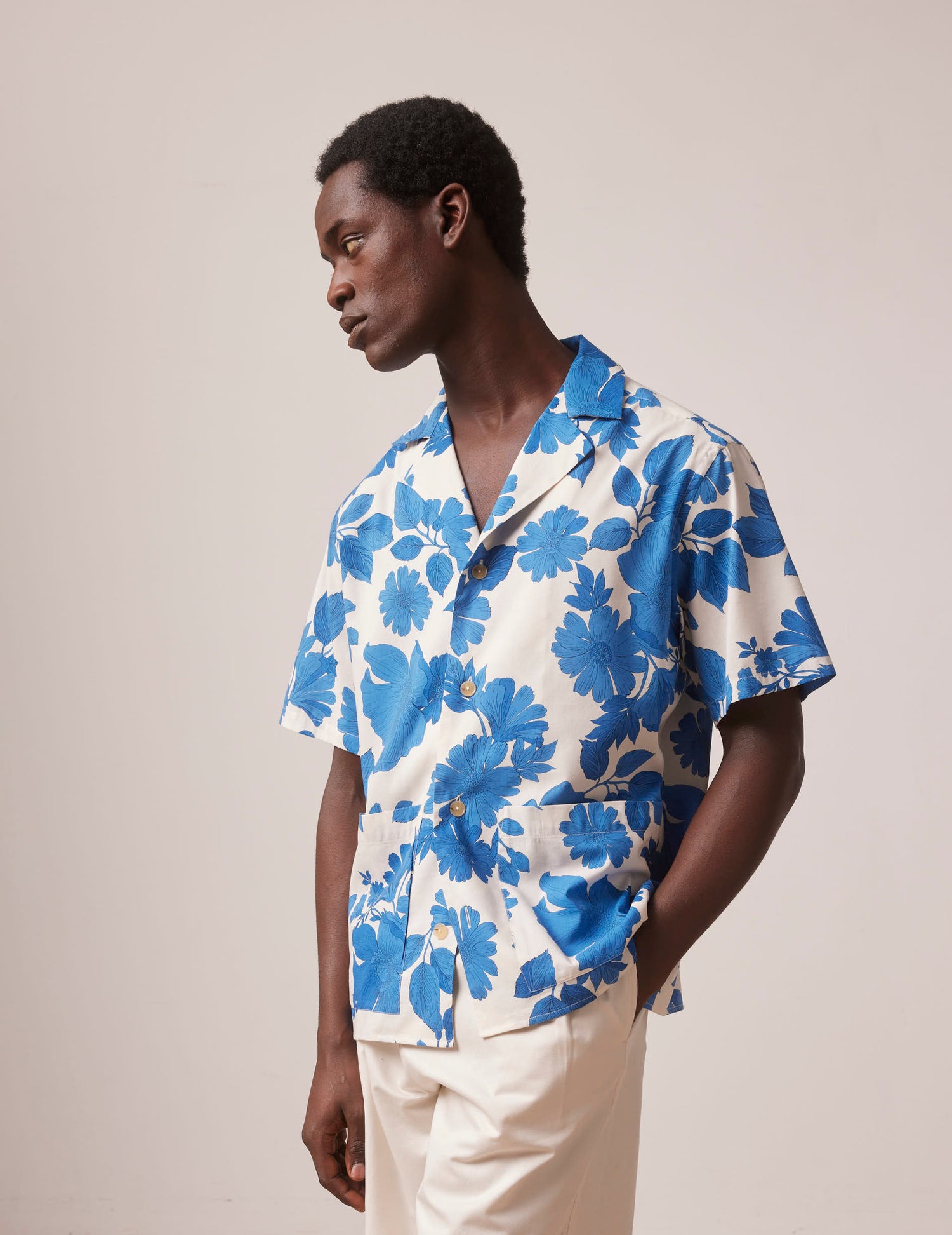 Short sleeve blue Lois shirt with print - cotton voile - Pyjamas Collar