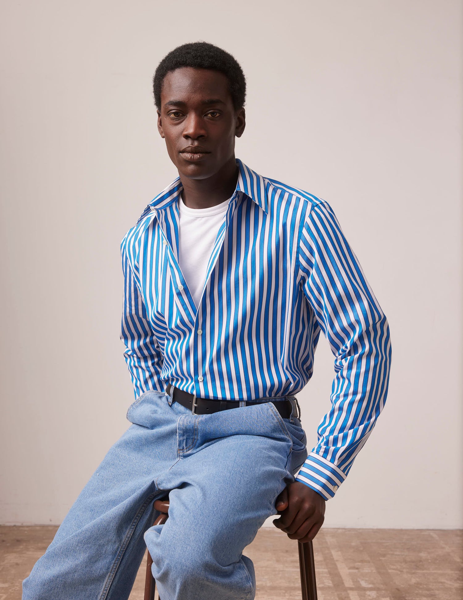 Blue striped semi-fitted shirt - Poplin - Prestigious Collar