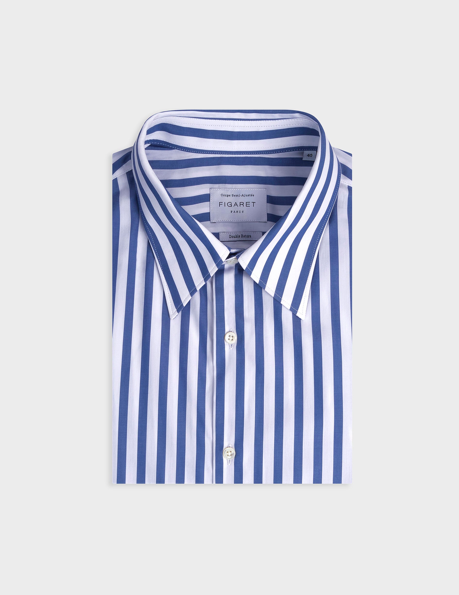 Blue striped semi-fitted shirt - Popeline - Majestueux Collar