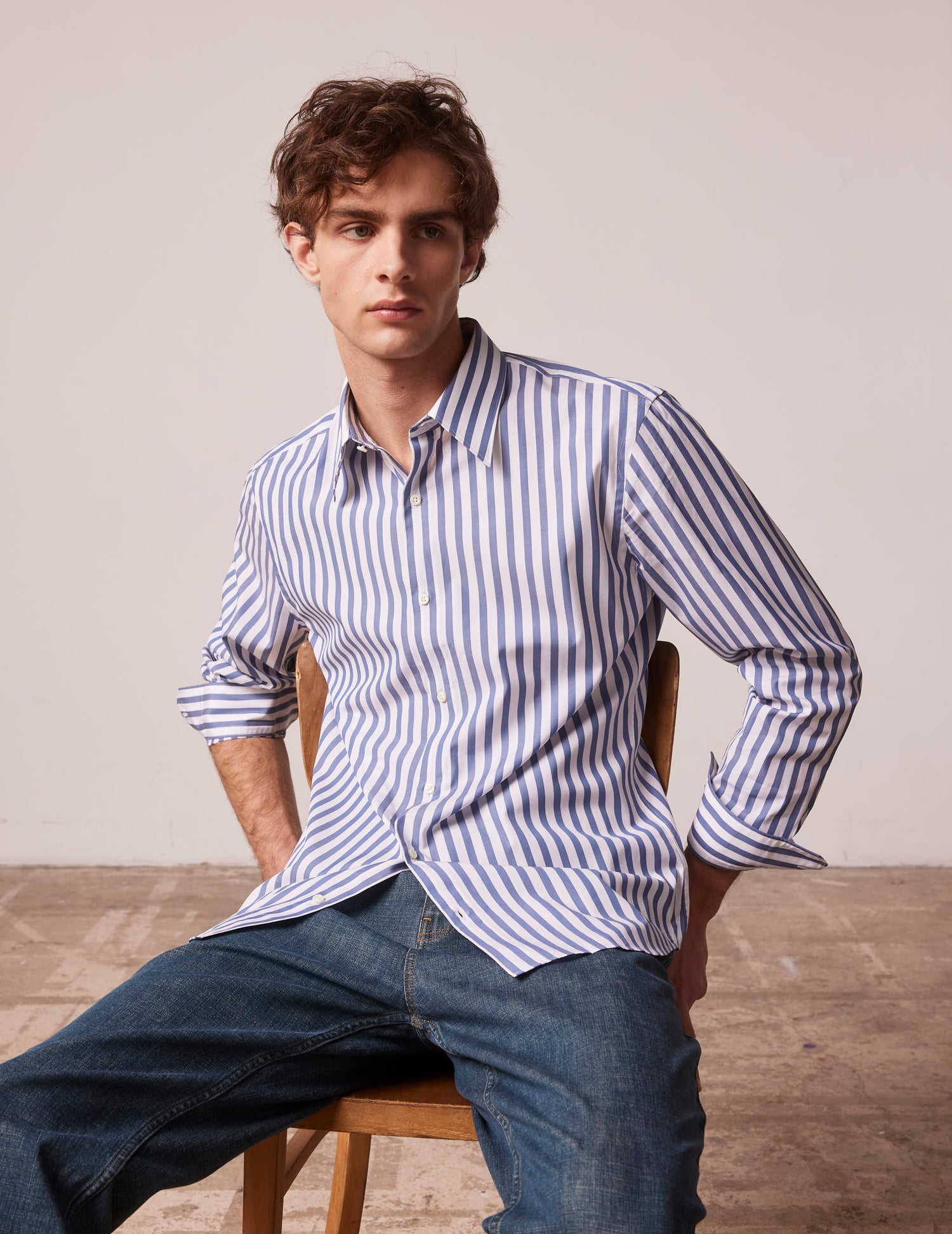 Blue striped semi-fitted shirt - Popeline - Majestueux Collar#2