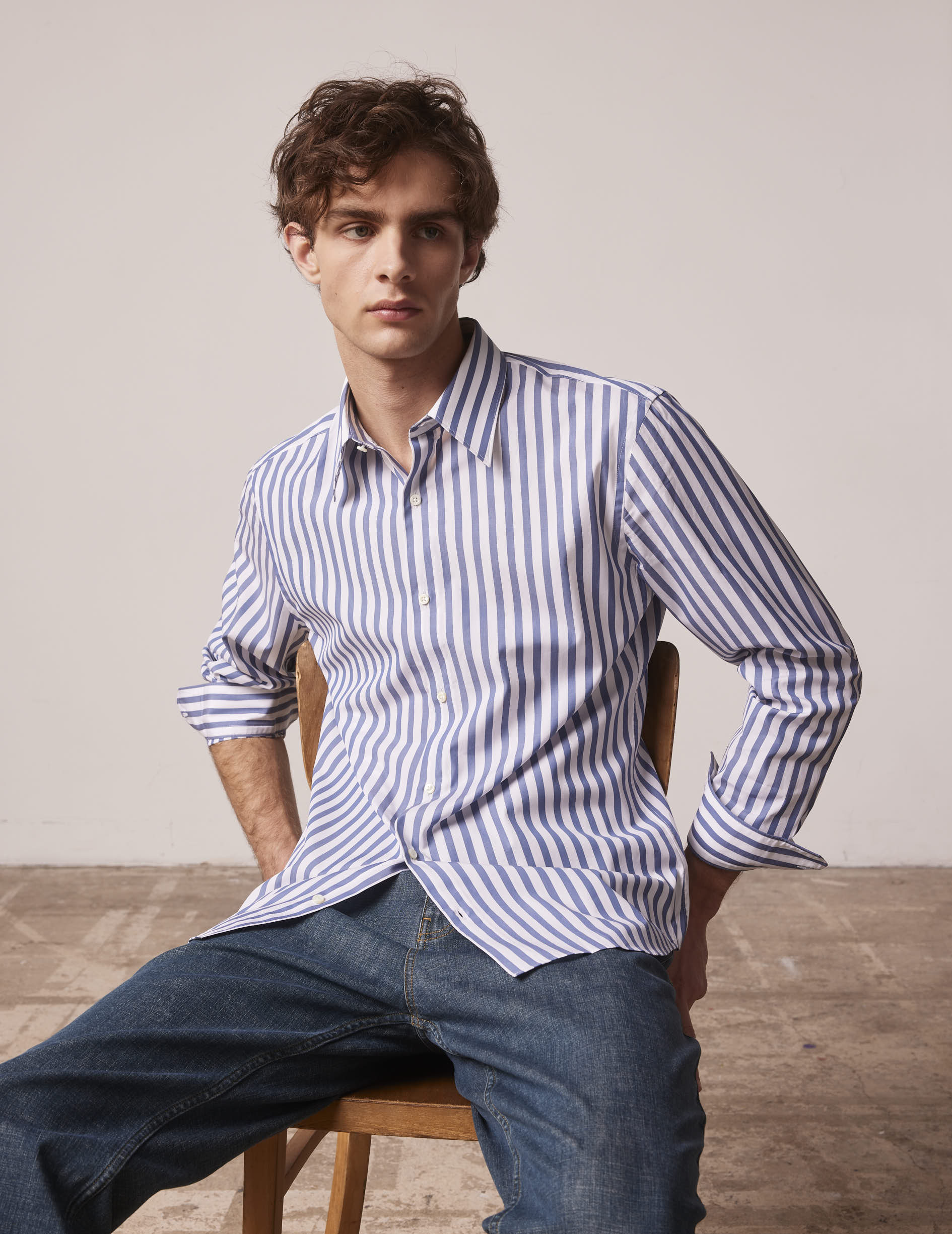 Blue striped semi-fitted shirt - Popeline - Majestueux Collar