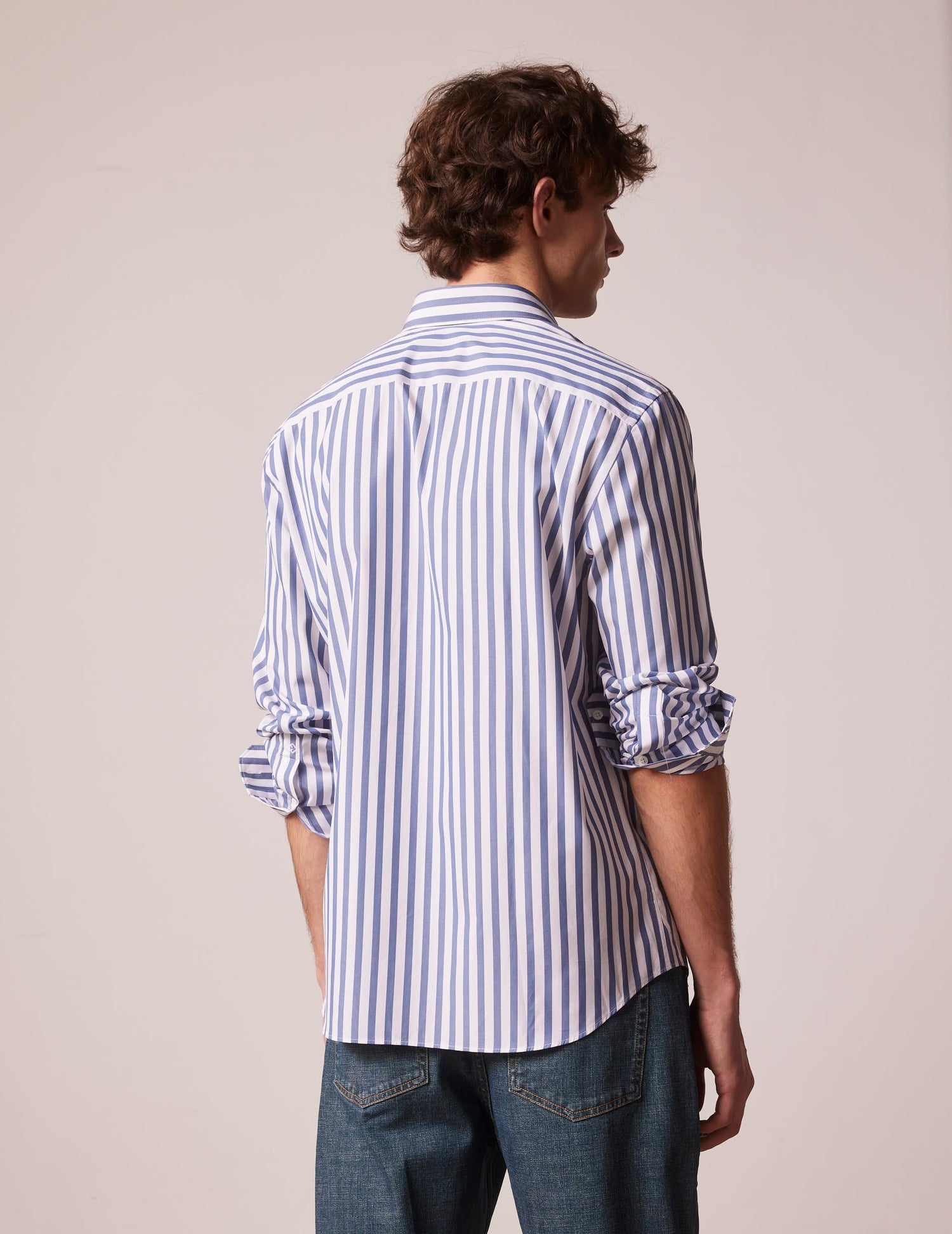 Blue striped semi-fitted shirt - Popeline - Majestueux Collar#3