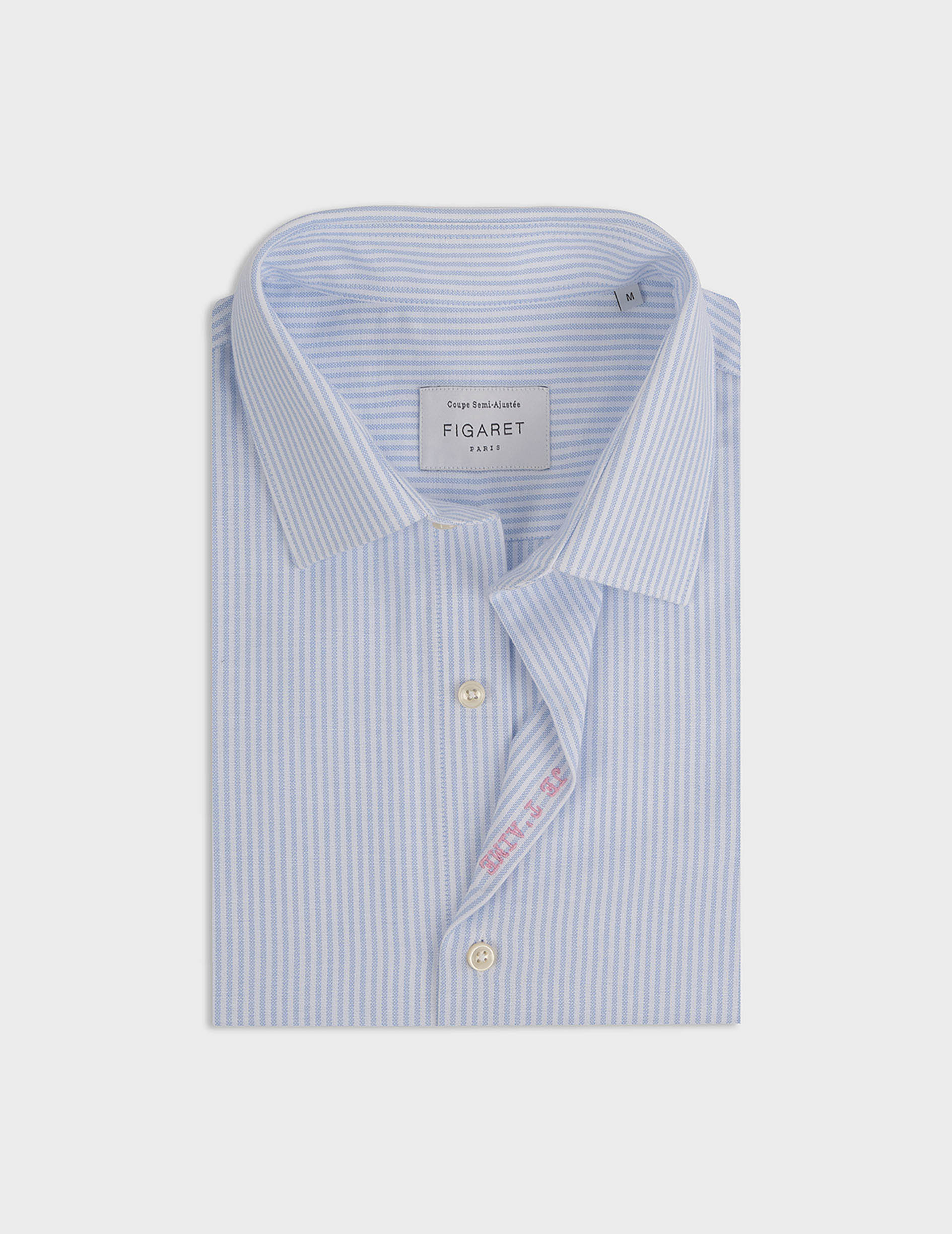 Blue striped mixed "Je t'aime" shirt - Oxford - Figaret Collar