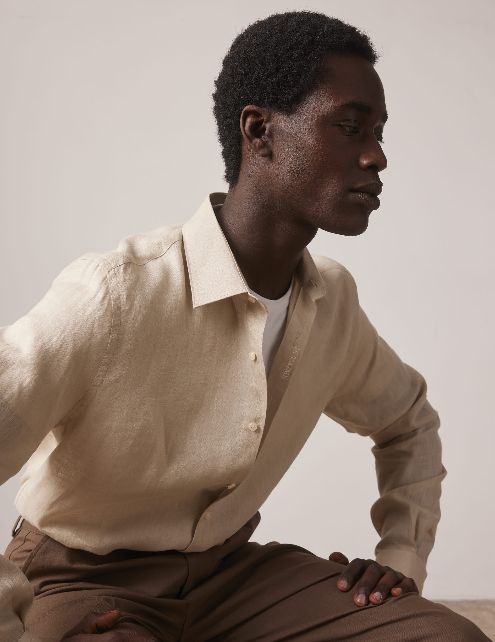 Beige linen mixed "Je t'aime" shirt - Linen - Figaret Collar
