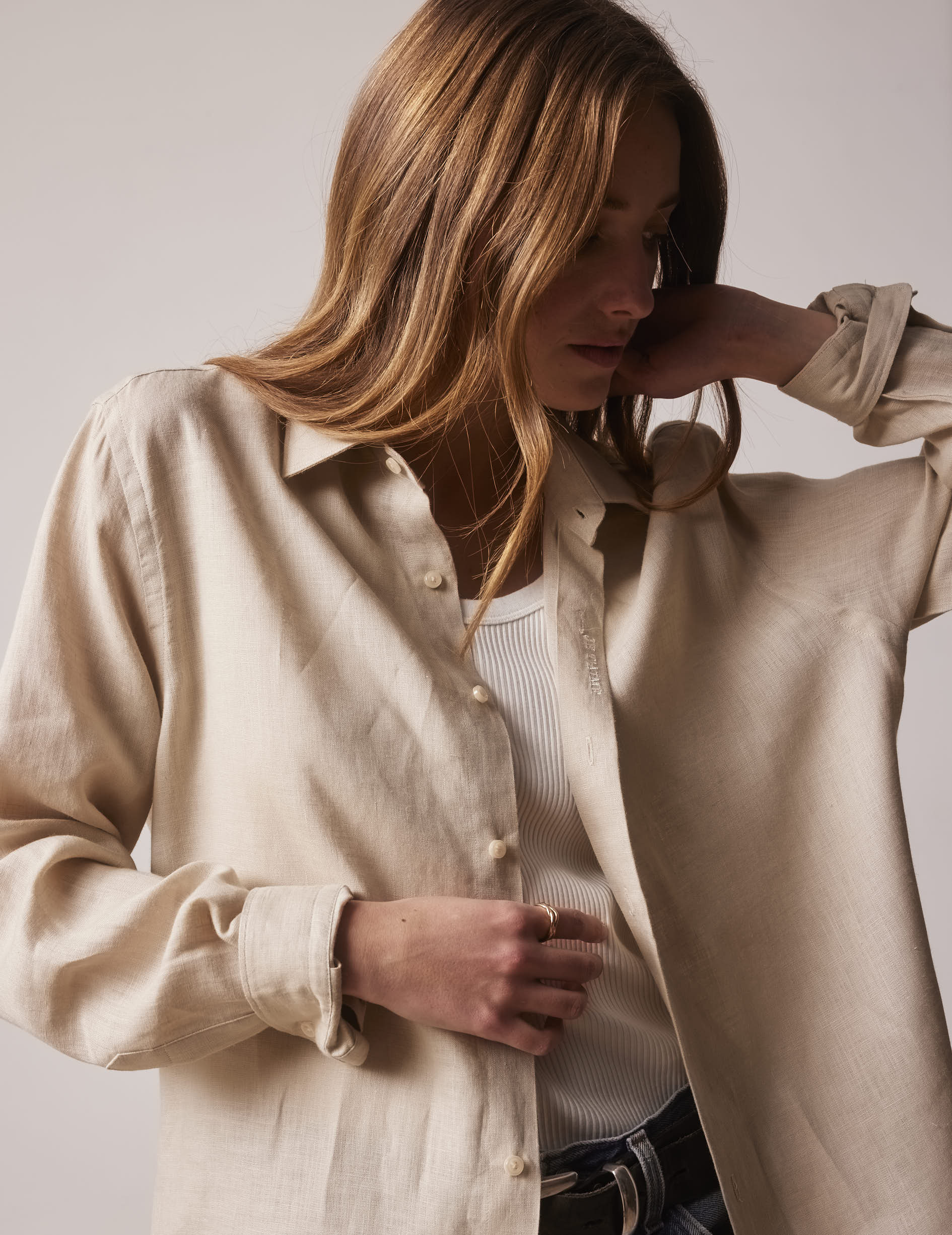Beige linen mixed "Je t'aime" shirt - Linen - Figaret Collar