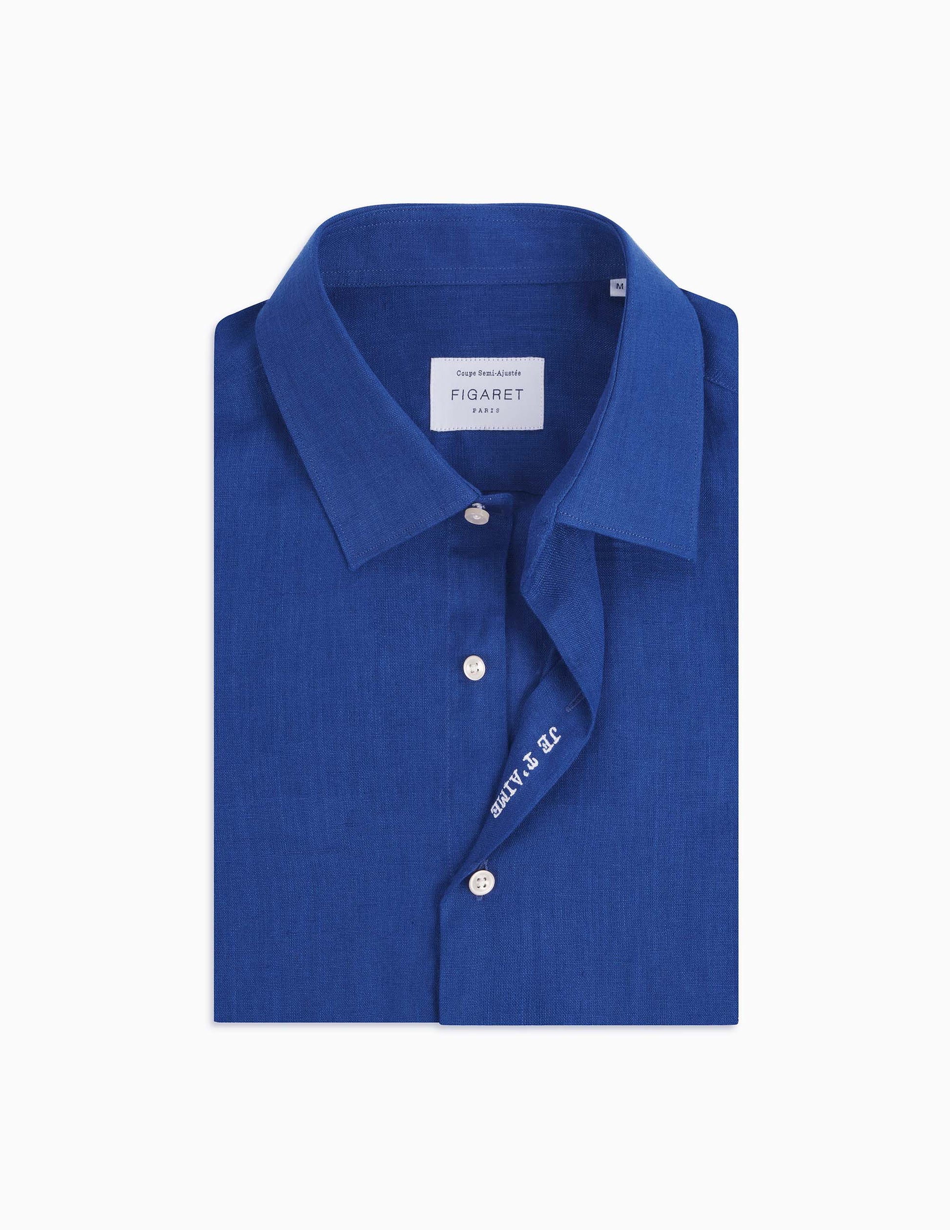 Blue linen mixed "Je t'aime" shirt - Linen - Figaret Collar