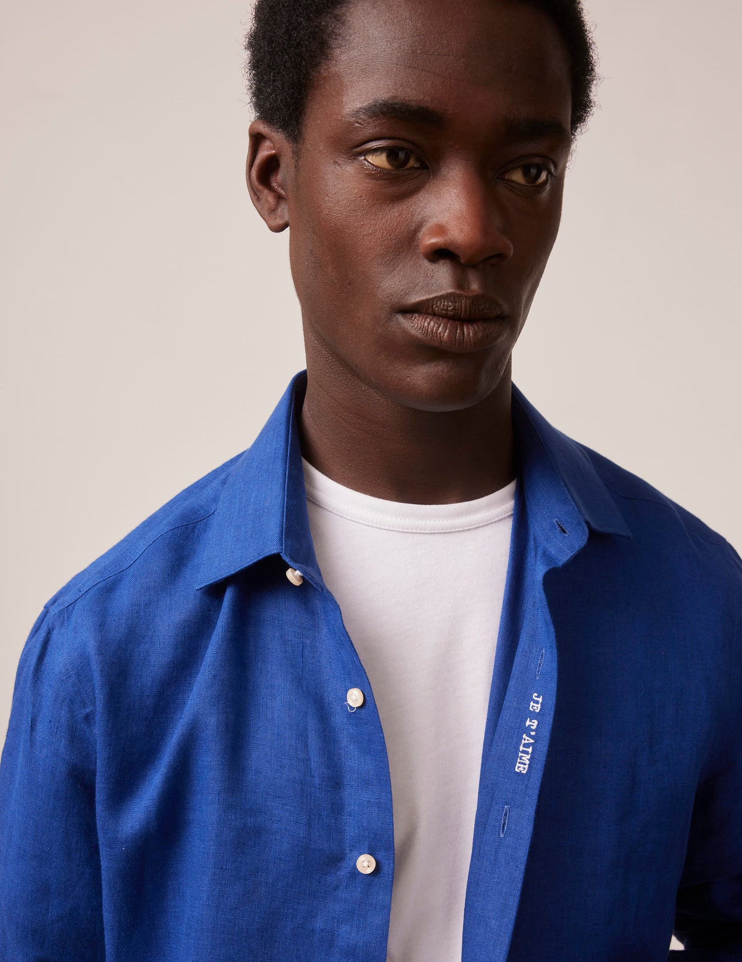 Blue linen mixed "Je t'aime" shirt - Linen - Figaret Collar