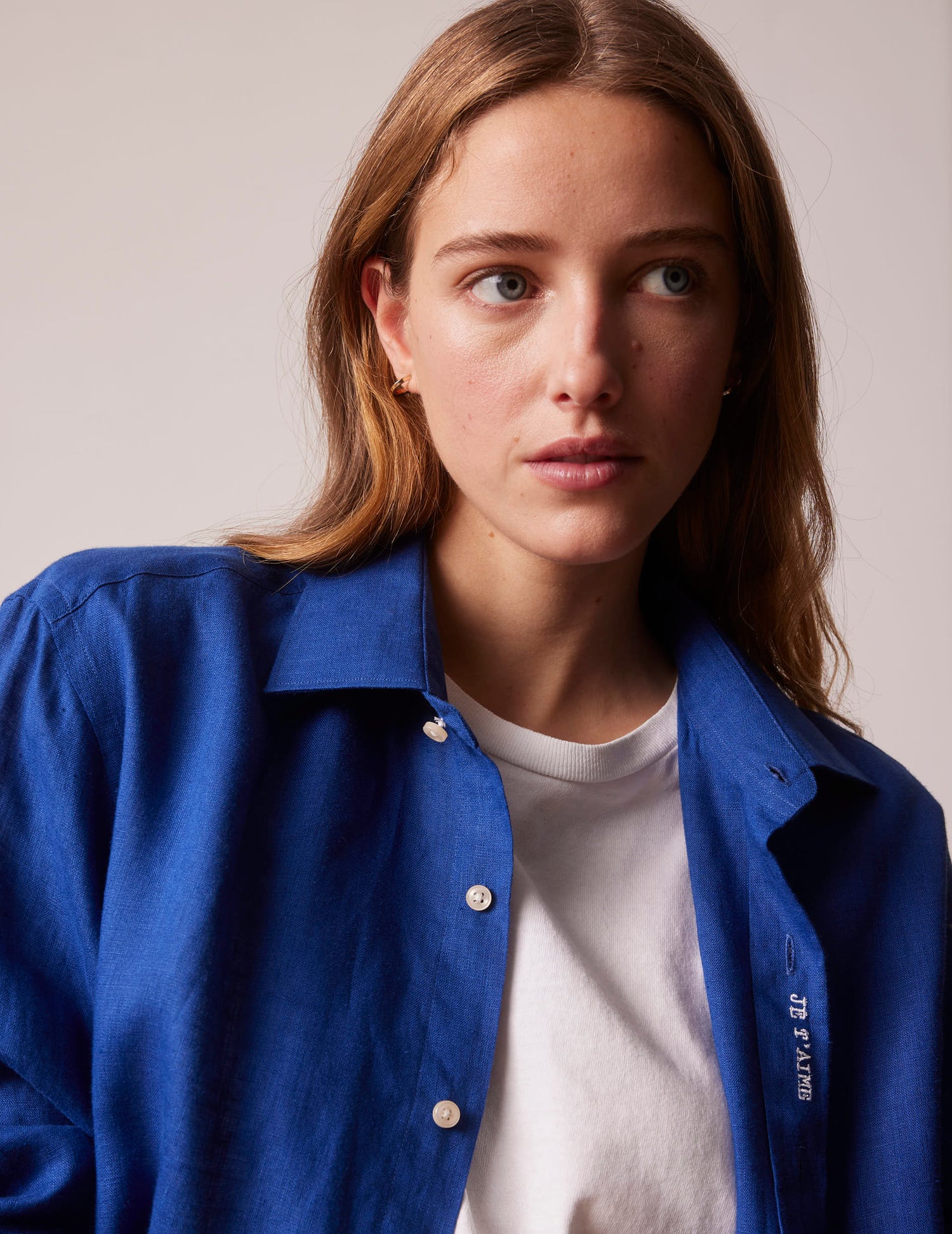 Blue linen mixed "Je t'aime" shirt - Linen - Figaret Collar#2