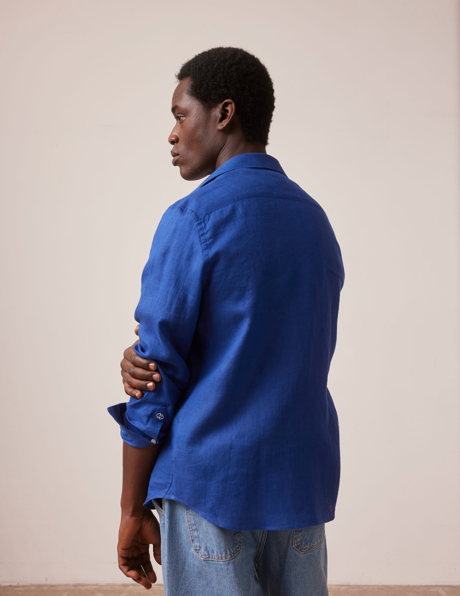 Blue linen mixed "Je t'aime" shirt - Linen - Figaret Collar