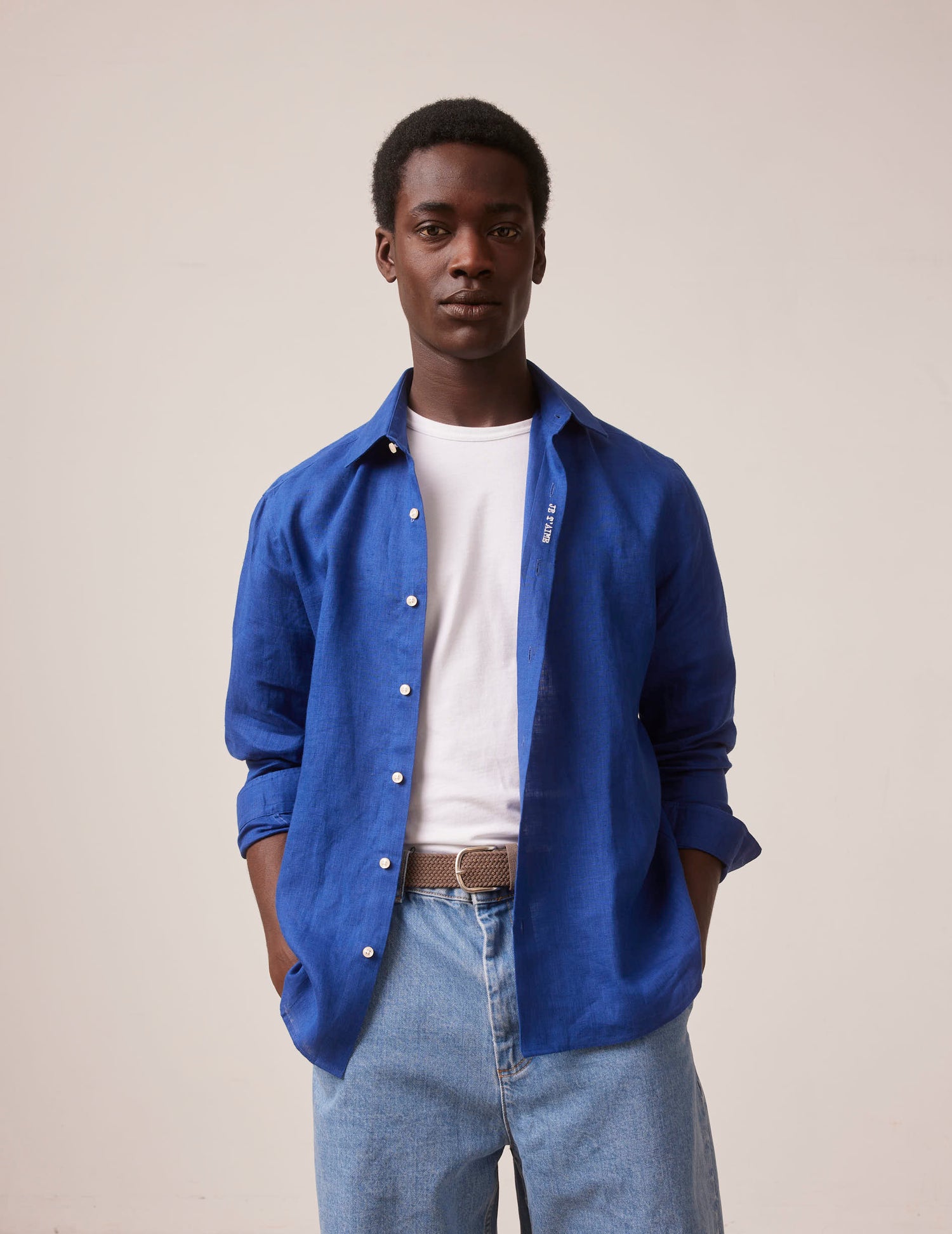 Blue linen mixed "Je t'aime" shirt - Linen - Figaret Collar#6