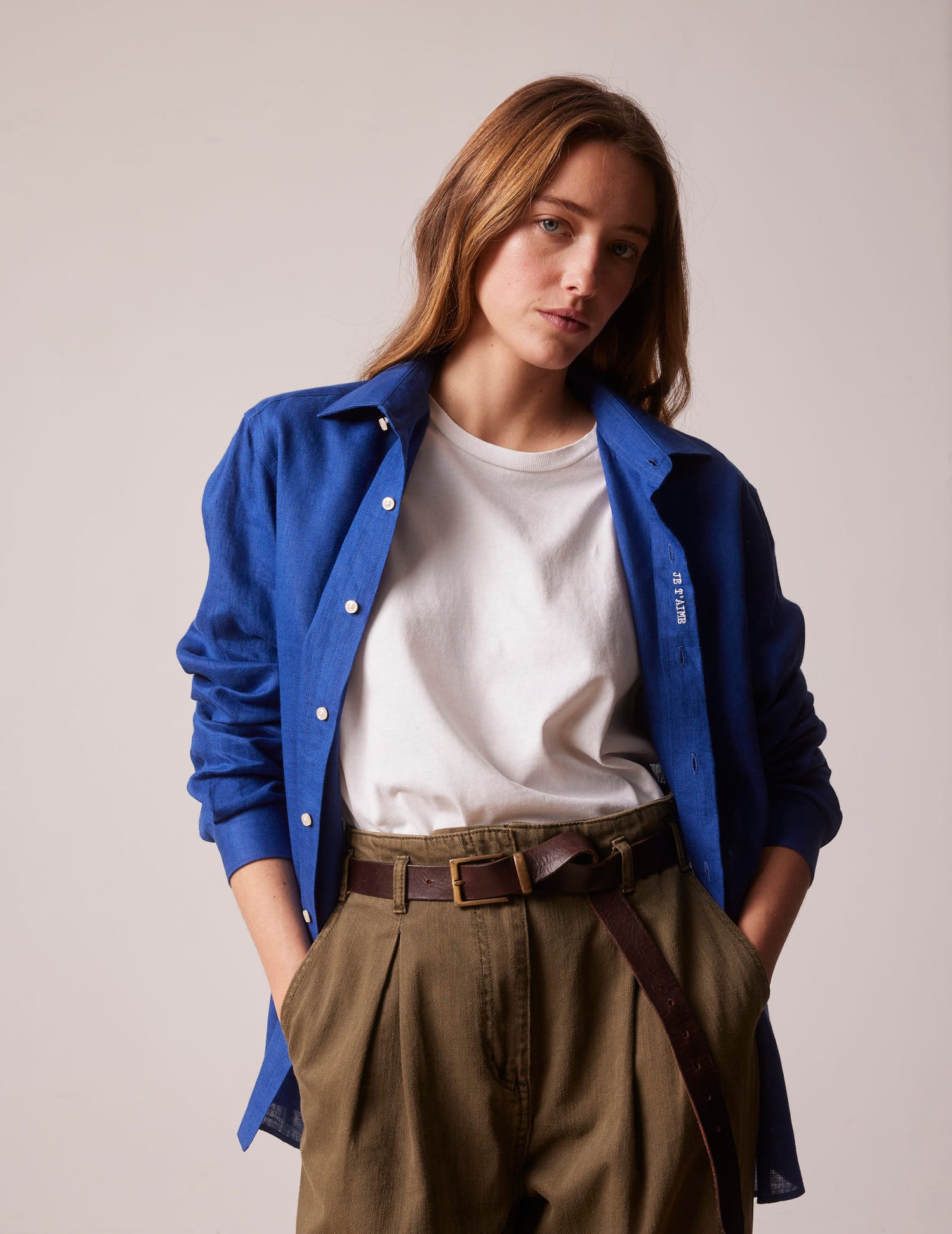 Blue linen mixed "Je t'aime" shirt - Linen - Figaret Collar#4