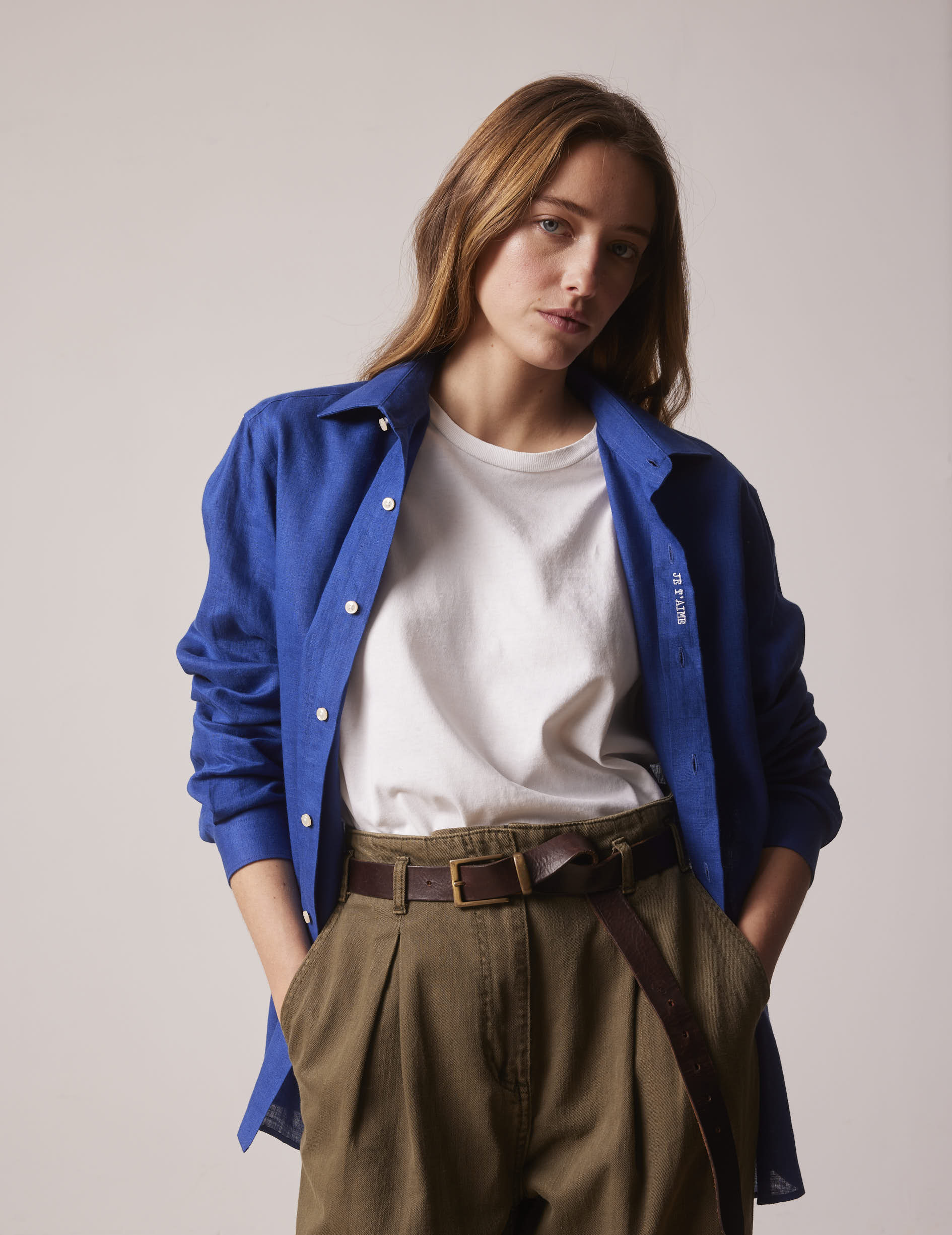 Blue linen mixed "Je t'aime" shirt - Linen - Figaret Collar