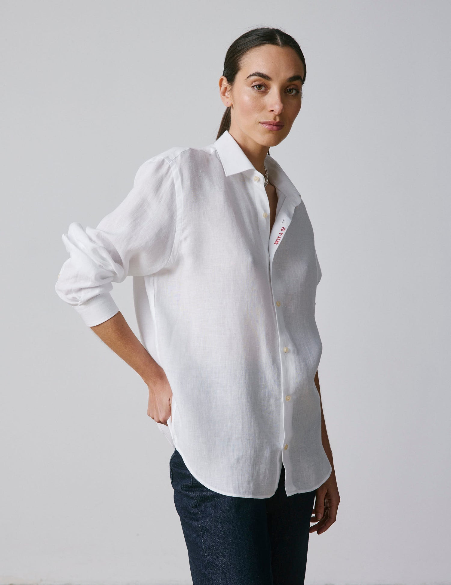 Unisex White linen "Je t'aime" shirt - Linen - Figaret Collar#4