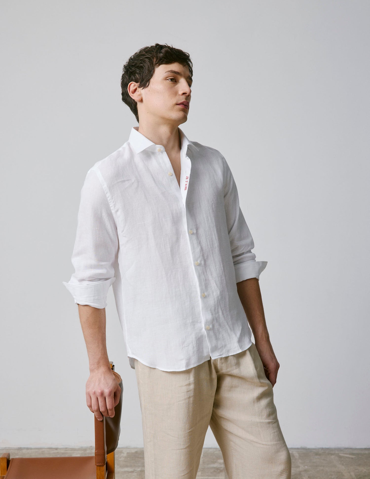 Unisex White linen "Je t'aime" shirt - Linen - Figaret Collar#3