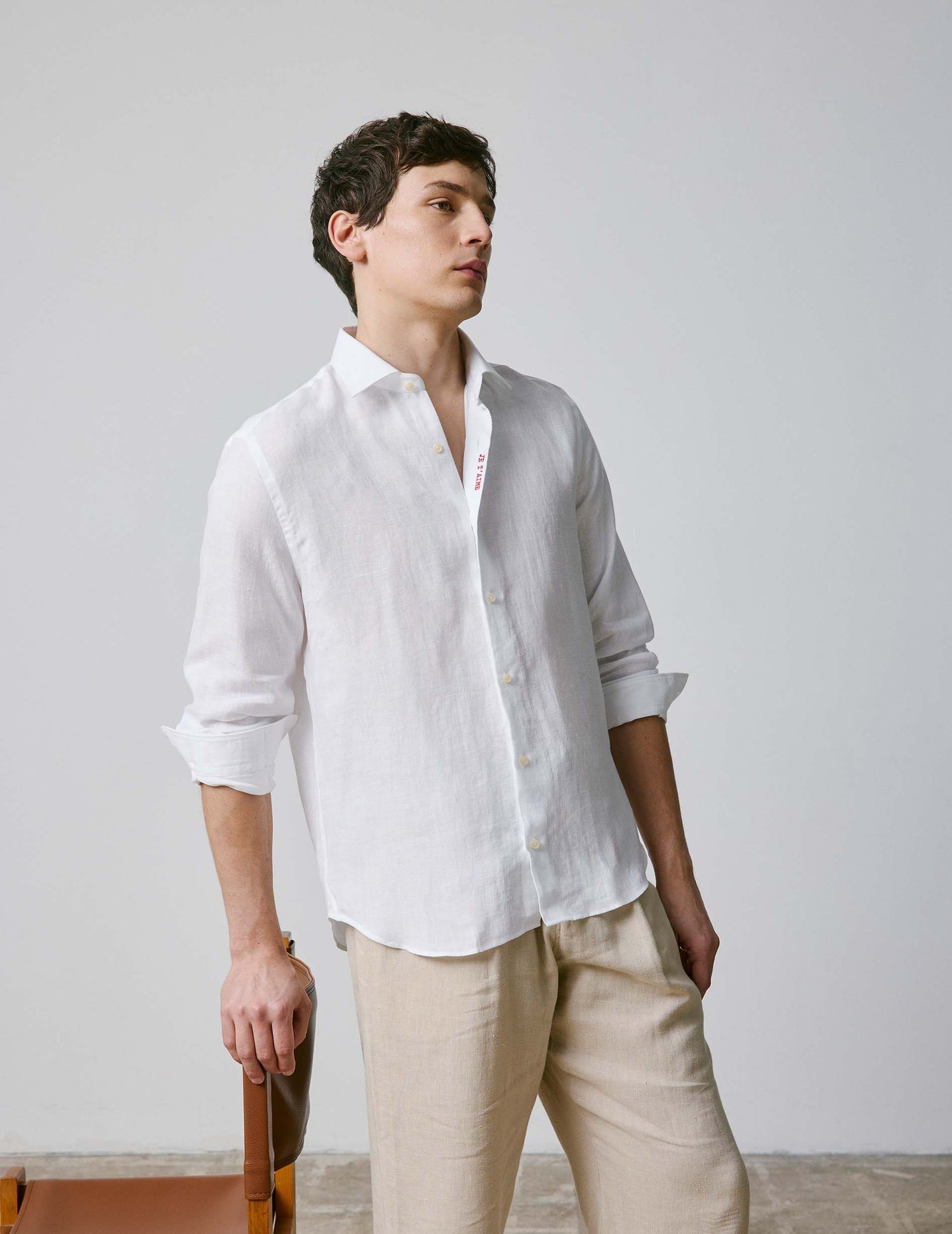 Unisex White linen "Je t'aime" shirt - Linen - Figaret Collar#3