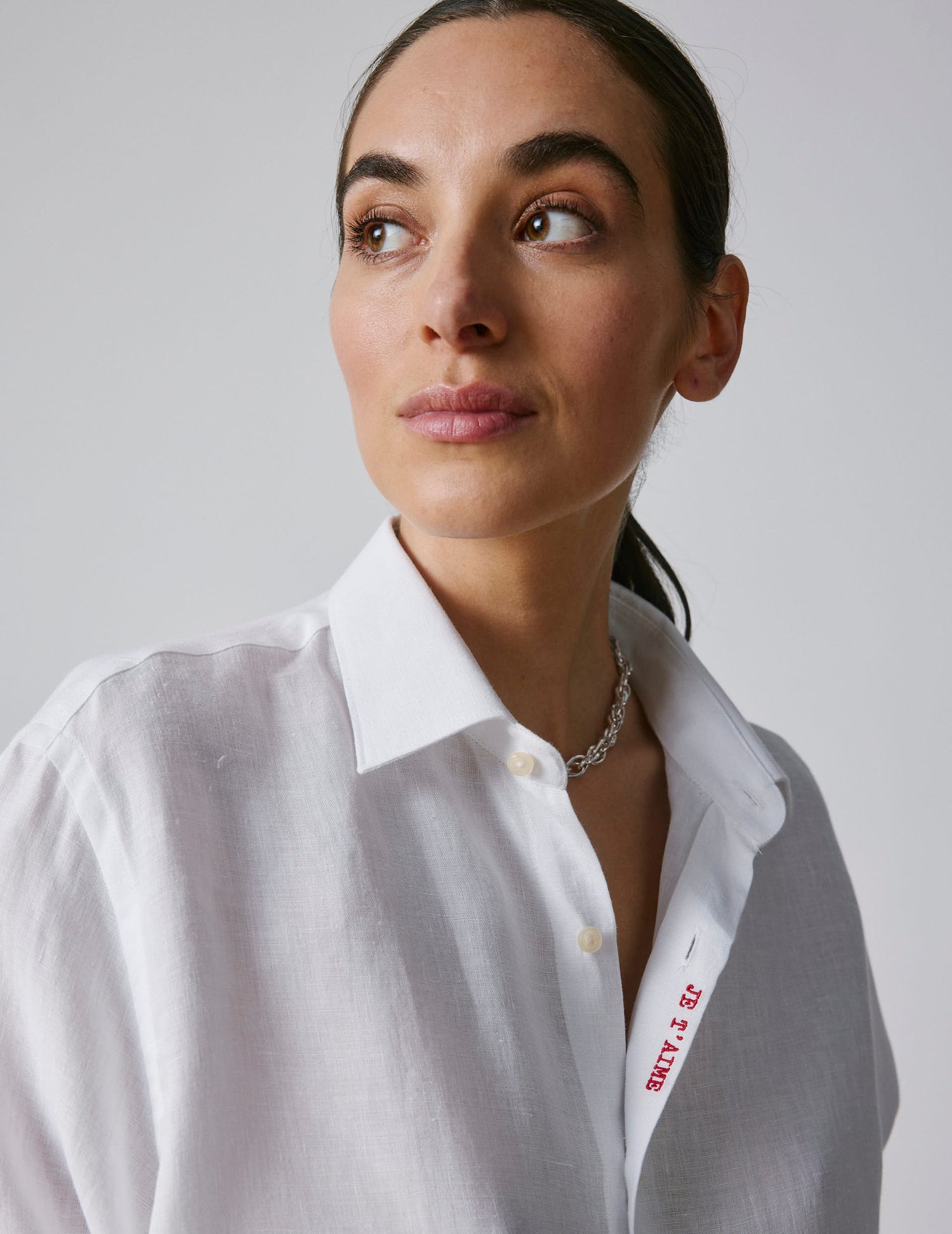 Unisex White linen "Je t'aime" shirt - Linen - Figaret Collar#8