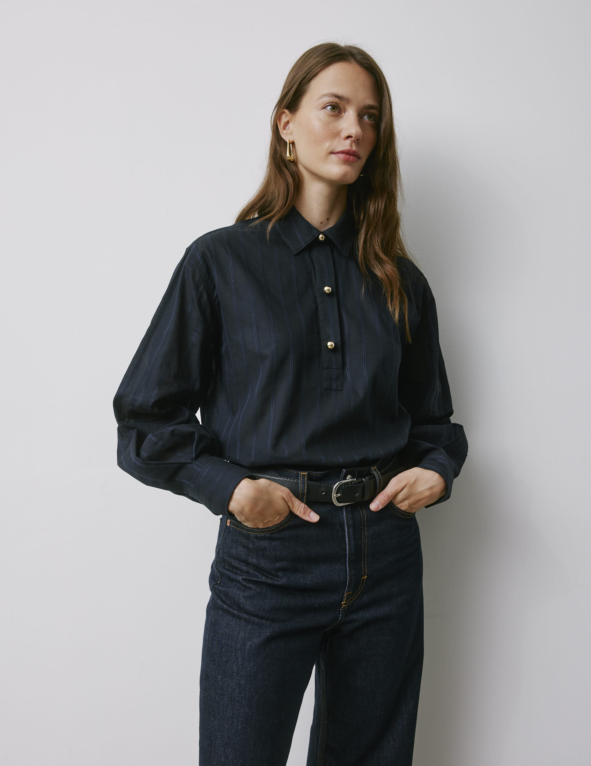 Ortensia navy striped blouse - Pleated - Shirt Collar