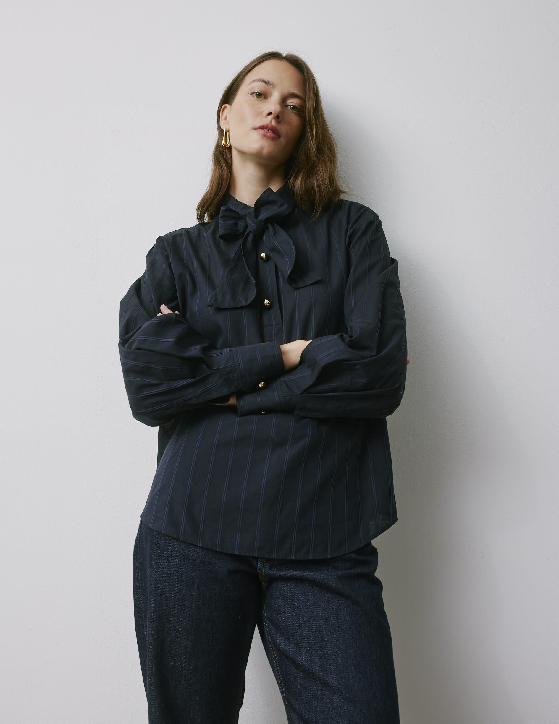 Ortensia navy striped blouse - Pleated - Shirt Collar