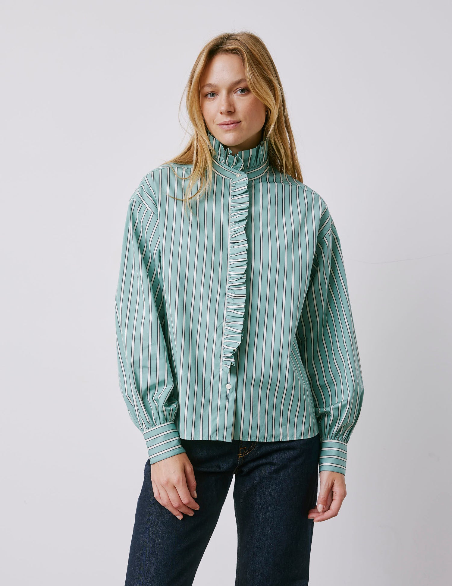 Greta sage-green striped shirt - Poplin - Victorian Collar