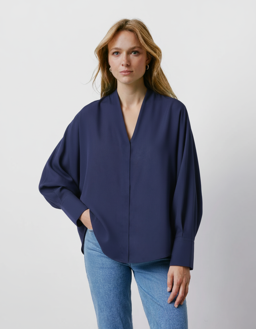 Ilena hidden button placket in navy lyocell shirt - Twill - Rising shawl Collar