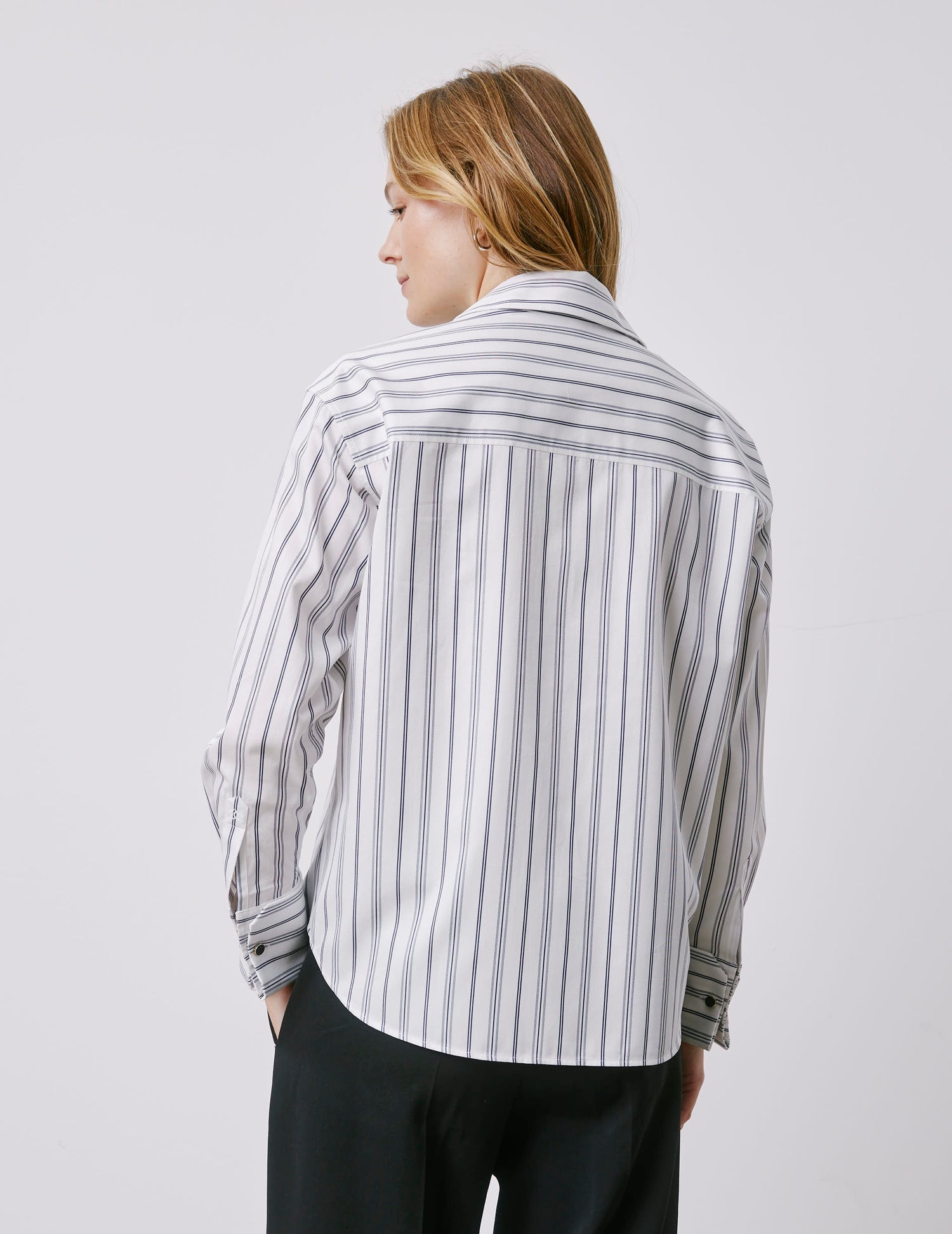 Irisa navy striped hidden button placket shirt - Twill - Long Collar - Musketeers Cuffs#2