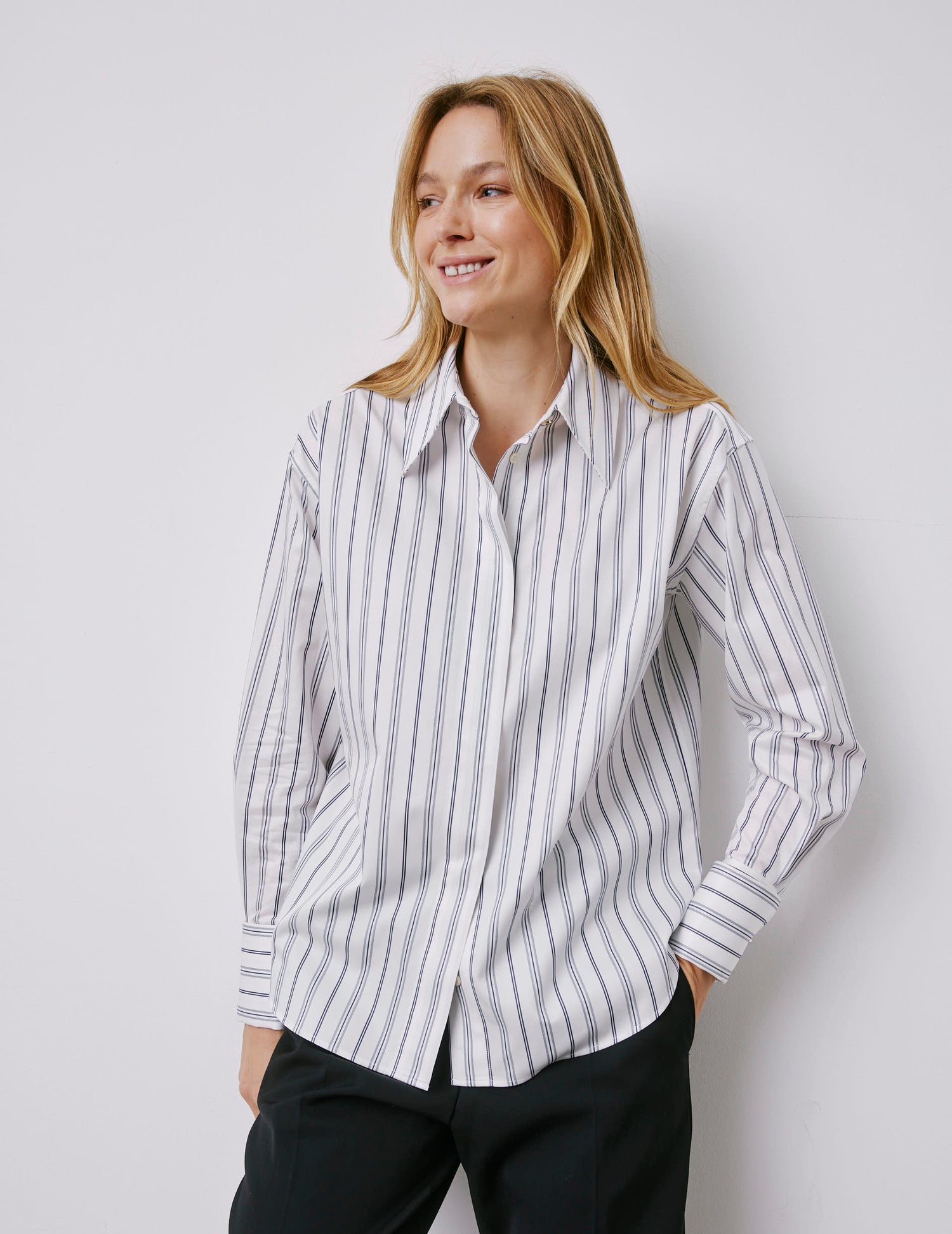 Irisa navy striped hidden button placket shirt - Twill - Long Collar - Musketeers Cuffs