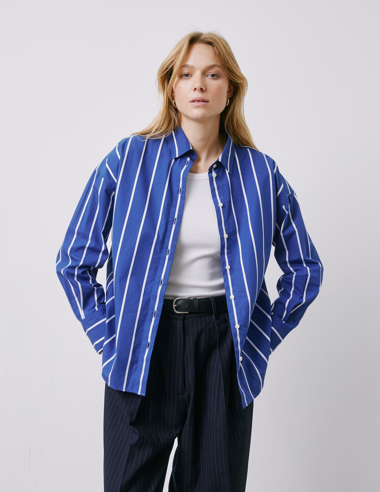 Lizandra navy striped oversized shirt - Poplin - Shirt Collar