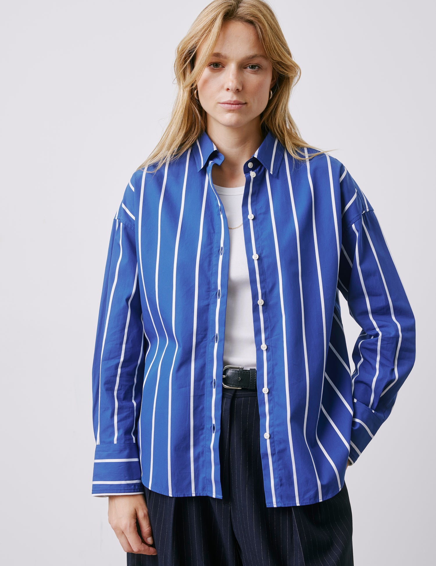Lizandra navy striped oversized shirt - Poplin - Shirt Collar#3