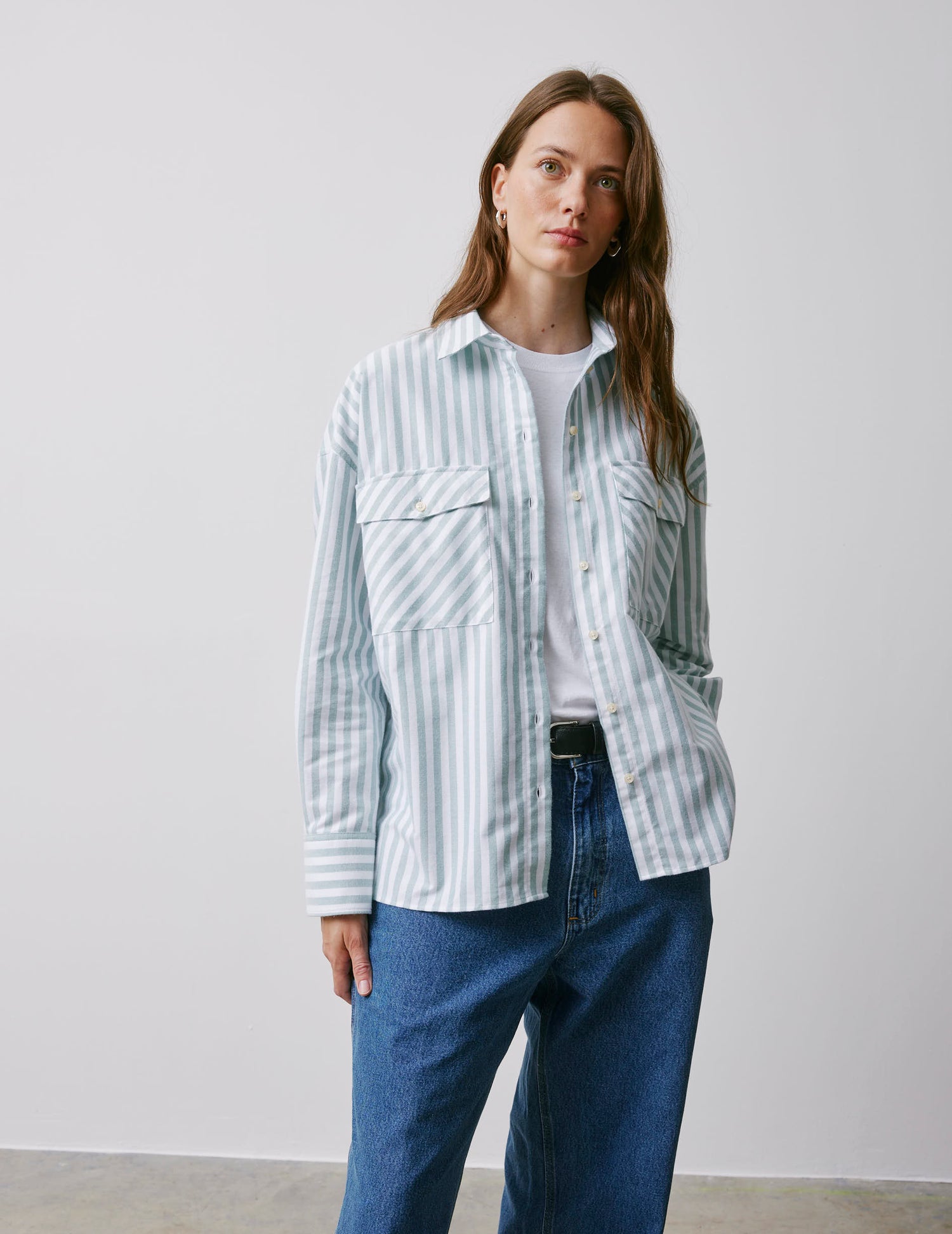 Maliza green striped oversized shirt - Scratch oxford - Shirt Collar#3