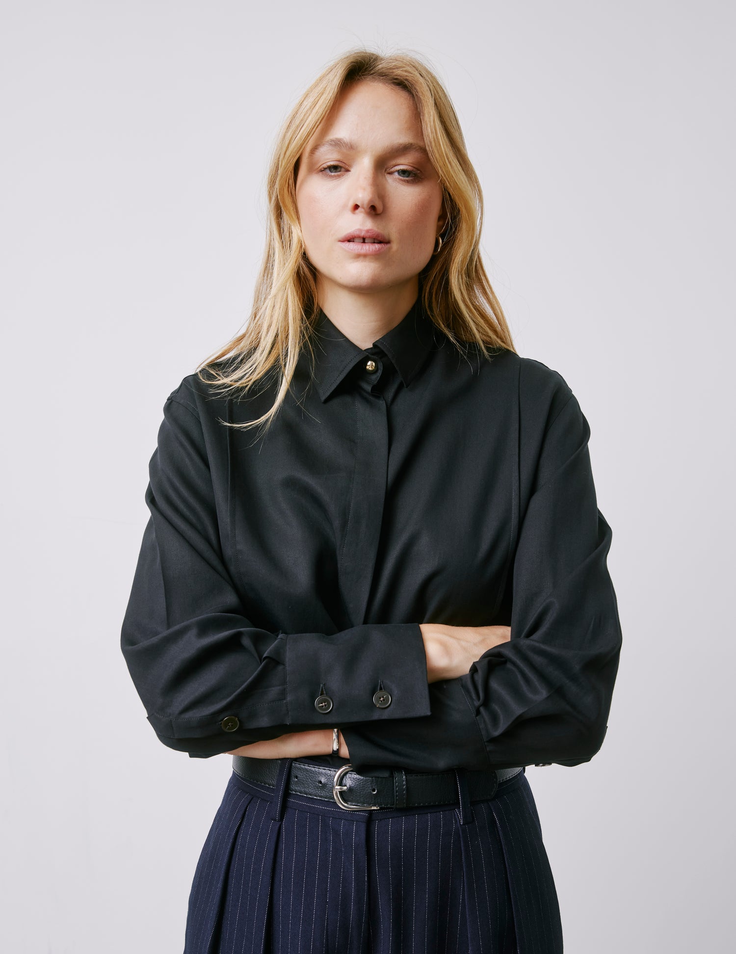 Manon black hidden button placket shirt - Lyocell - Shirt Collar#5