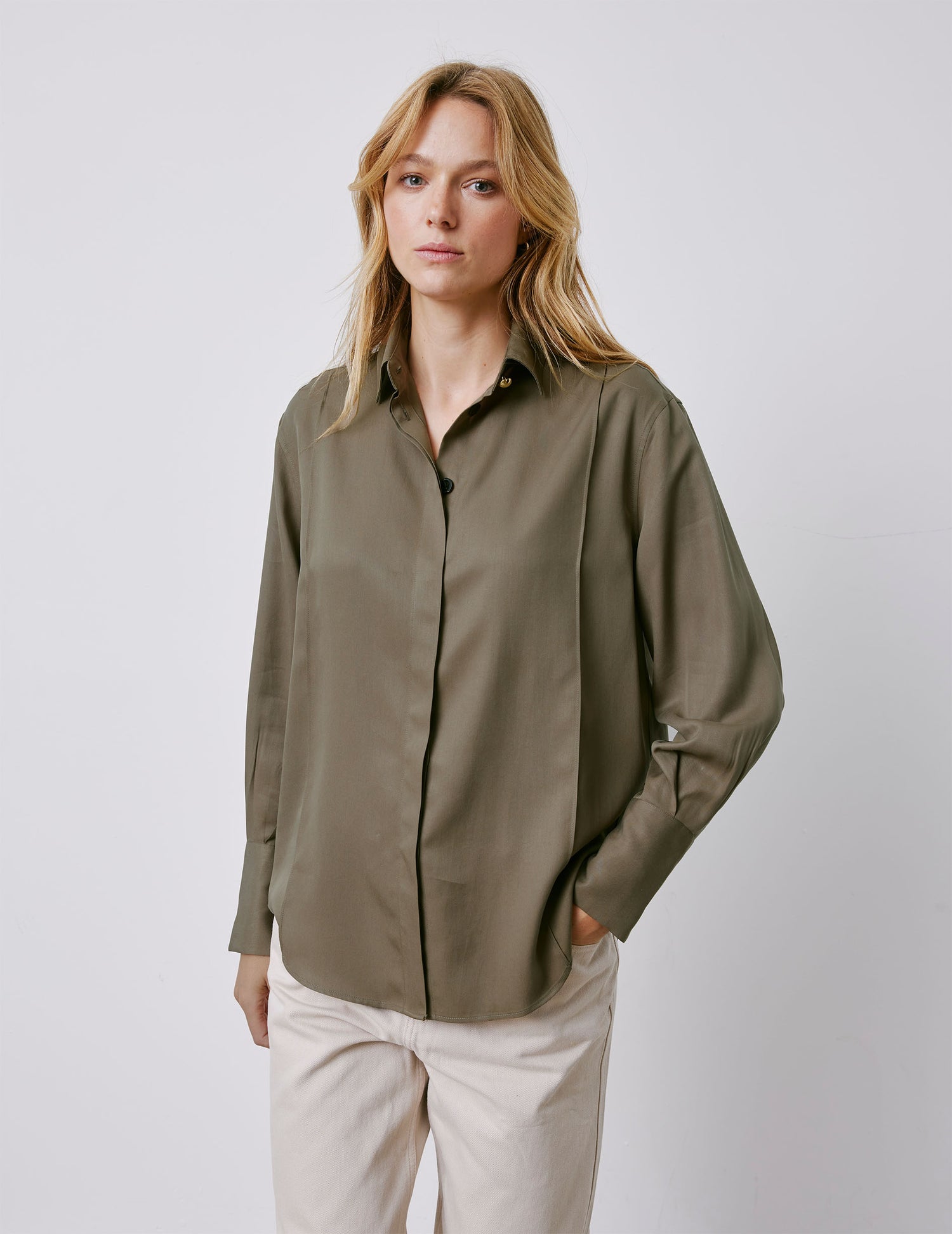 Manon khaki hidden button placket shirt - Lyocell - Shirt Collar