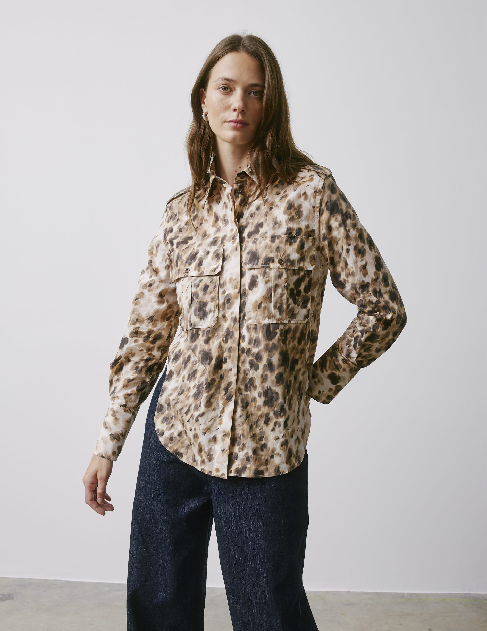 Maryline hidden button placket beige printed shirt