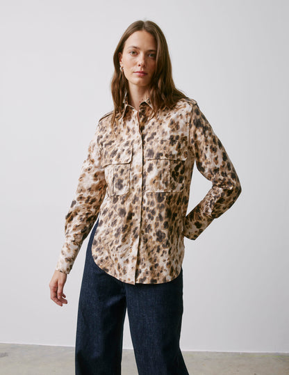 Maryline hidden button placket beige printed shirt
