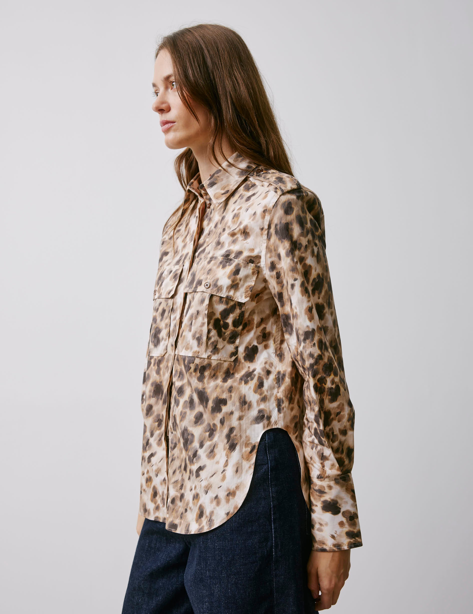 Maryline hidden button placket beige printed shirt - Poplin - Shirt Collar
