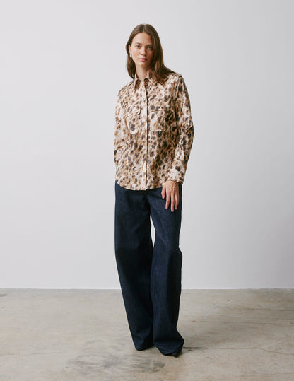 Maryline hidden button placket beige printed shirt
