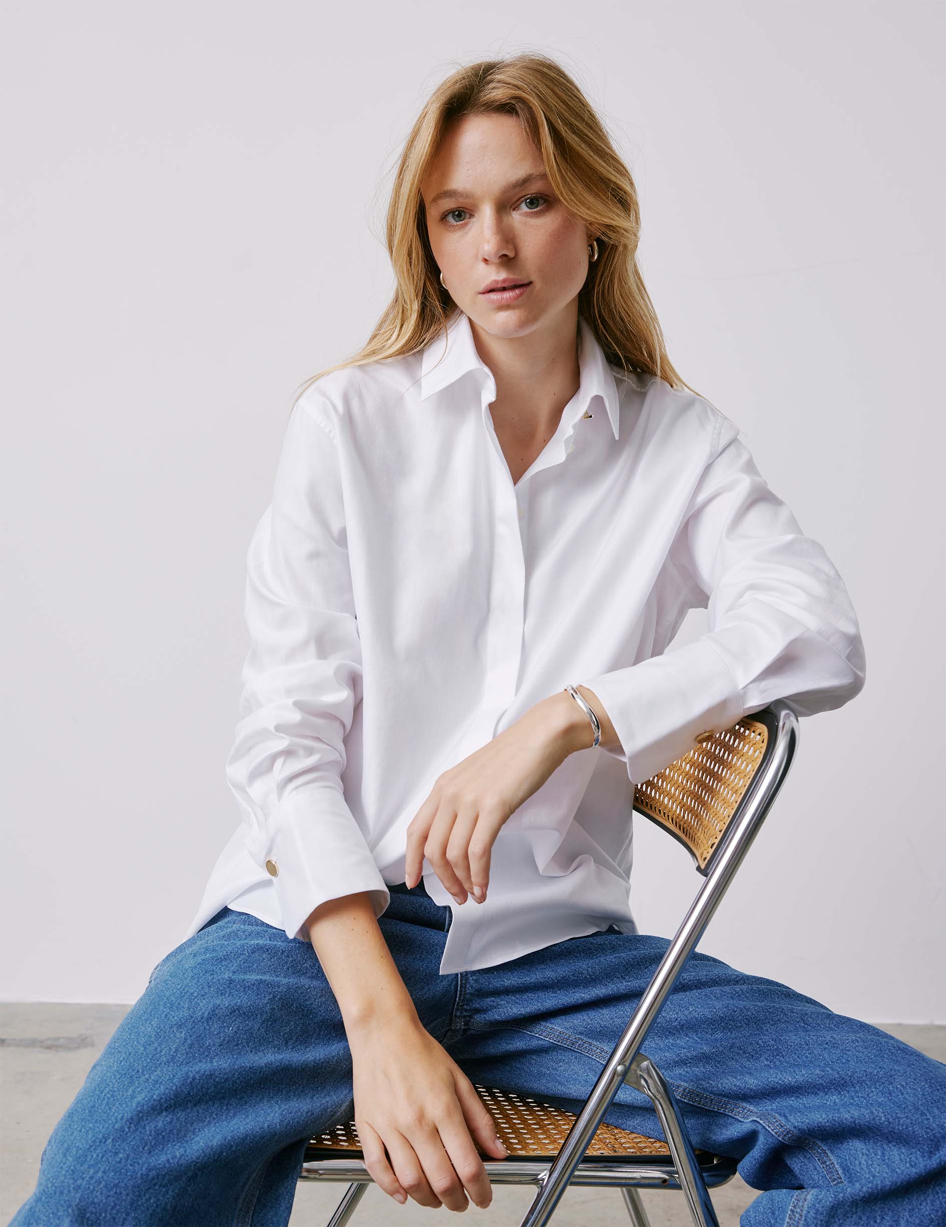 Mathéa white hidden button placket shirt - Herringbone  - Shirt Collar