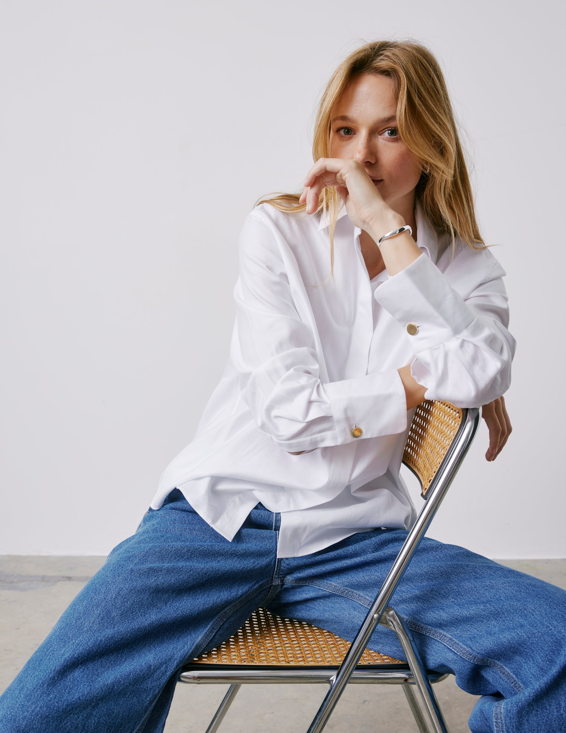 Mathéa white hidden button placket shirt - Herringbone  - Shirt Collar