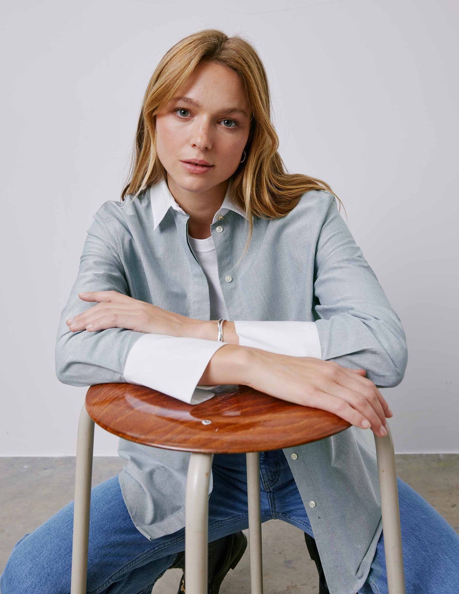 Mathéa green hidden button placket shirt - Oxford - Shirt Collar#2