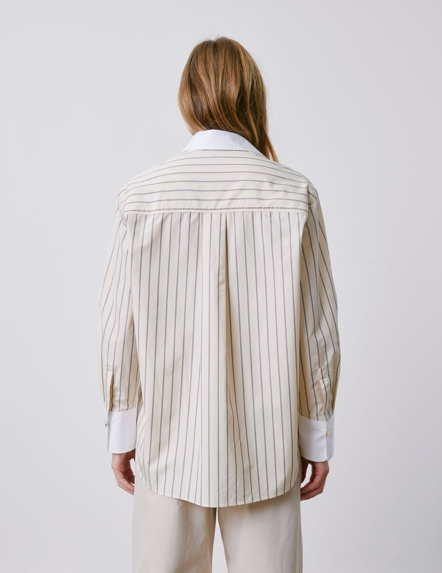 Mathéa beige striped hidden button placket shirt - Poplin - Shirt Collar#2