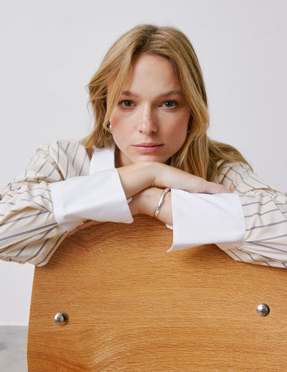 Mathéa beige striped hidden button placket shirt