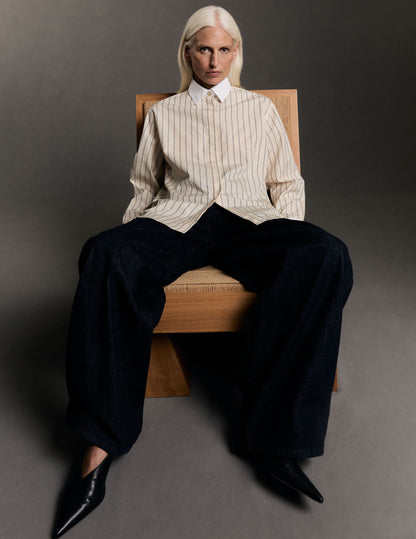 Mathéa beige striped hidden button placket shirt